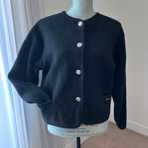 Vintage Wool Boucle Lady Jacket Cardigan sz L - Black - Picture 2 of 11